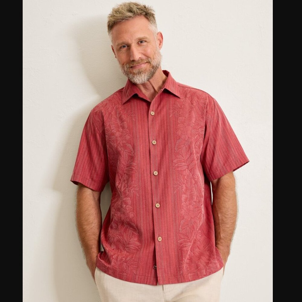 Tommy Bahama Mens Large Maui Border Silk Camp Shirt Deep Havana Nantucket Red